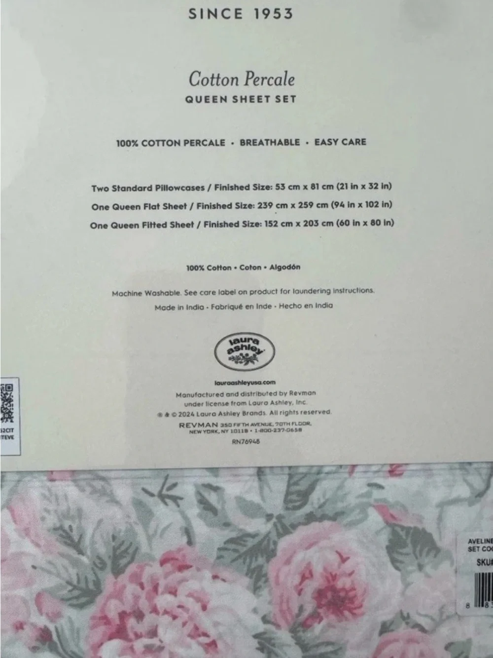 Laura Ashley ~ QUEEN ~ Pink Floral & Pinstripe 4 Pc. Sheet Set 100% Cotton